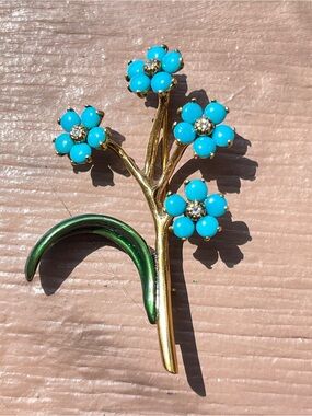 Vintage MMA Forget Me Not Brooch Faux Turquoise Enamel Rhinestone Brooch